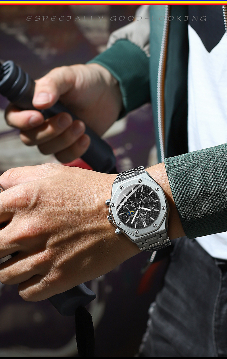 New Watch Hot Selling Model: Binbang High-end Three Eye Six Needle Multifunctional Lunar Phase Steel Band Multifunctional Men's Watch Watch_voghion.com