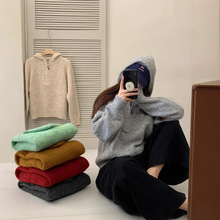 韩系秋冬新款复古简约连帽半拉链毛混纺毛绒绒休闲短款套头毛衣女
