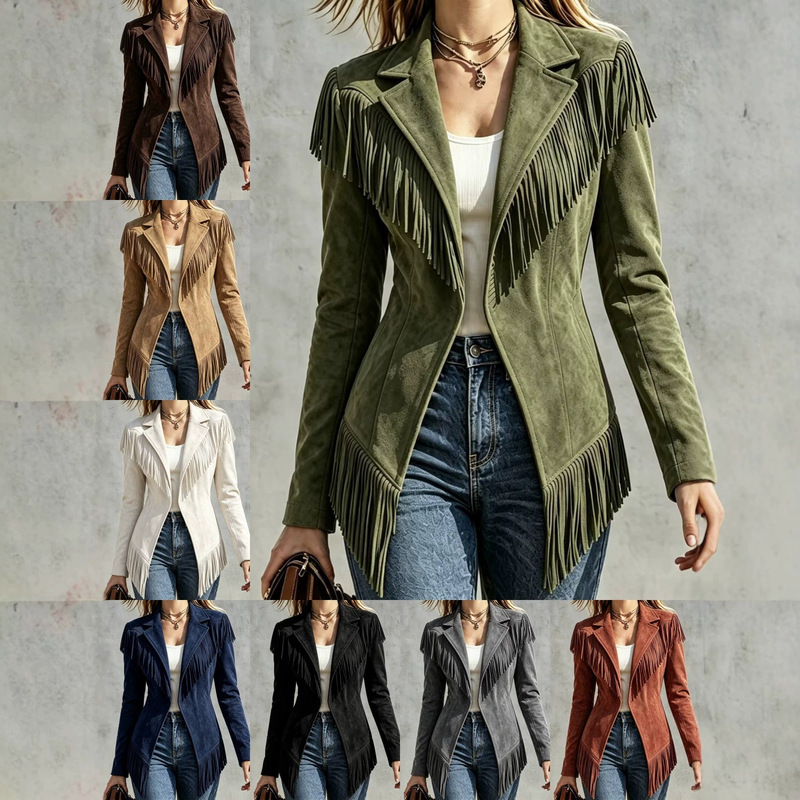 Large stock of women's fall/winter new suede fringed slim-fit long-sleeve jacket with a stand-up collar