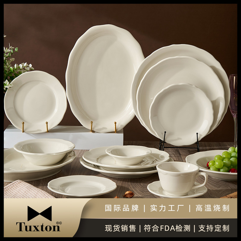Tuxton Ruffled Edge Ceramic Bowl and Plate Set, French Minimalist Ins Style, High Temperature Resistant and Durable Bowls and Cups Tuxton Ruffled Edge Ceramic Bowl and Plate Set, French Minimalist Ins Style, High Temperature Resistant and Durable Bowls and Cups