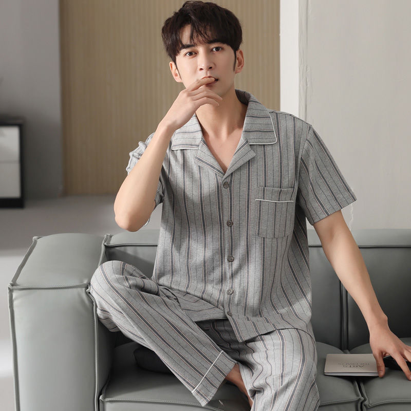 Pijamas de los hombres de verano 100% algodón pantalones de manga corta de media manga de primavera y otoño delgada cardigan ropa para el hogar más tamaño