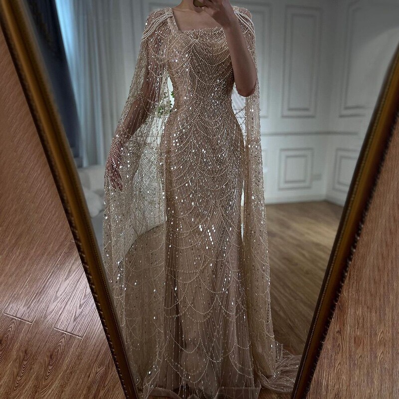 High-End Elegant Aqua Green Mermaid Evening Gown with Flutter Sleeves and Beaded Embroidery for Hosts and Annual Banquets