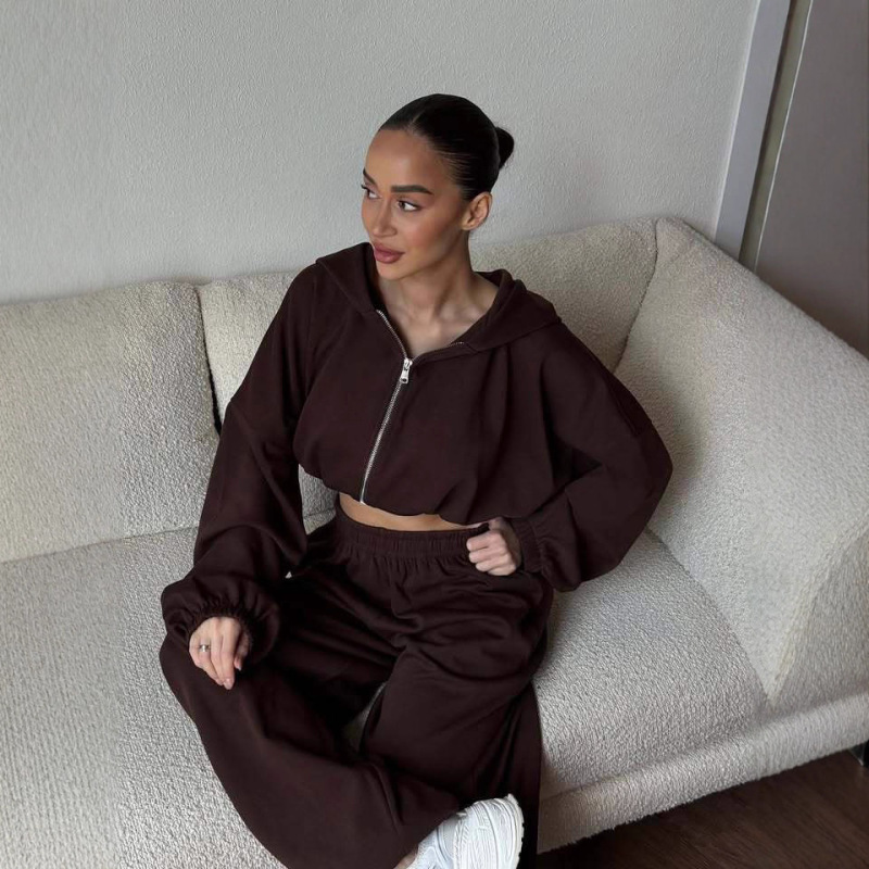 欧美女士休闲套装纯色长袖拉链开衫抽绳连帽卫衣运动松紧裤二件套|undefined