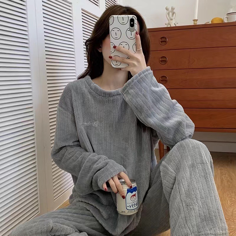 630g Weight Long Sleeve Sleeve Length Pajamas Lingerie Type Pullovers Placket Type Polyester Fabric Type Long Top Length Pants Sets Sets Type 2 Pieces Set Quantity Home Occasion Round Neck Neckline Warm Function Loose Fit Type Stripe, Solid Color Pattern Winter, Autumn Season Women's Gender Casual, Simple Style Style Autumn And Winter New Crescent City Warm Suit Casual Homewear Internet Celebrity Coral Fleece Thick Thermal Pajamas 20