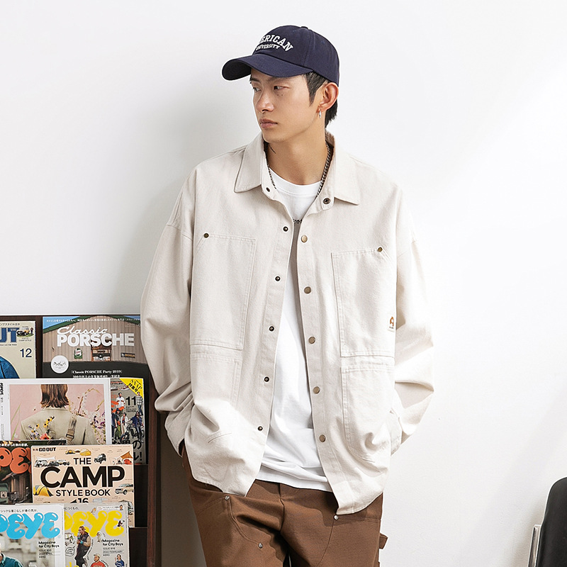 Camisa de manga larga estilo japonés para hombre, estilo informal, primavera 2025, nueva, holgada, retro, con tachuelas y parches, estilo chaqueta