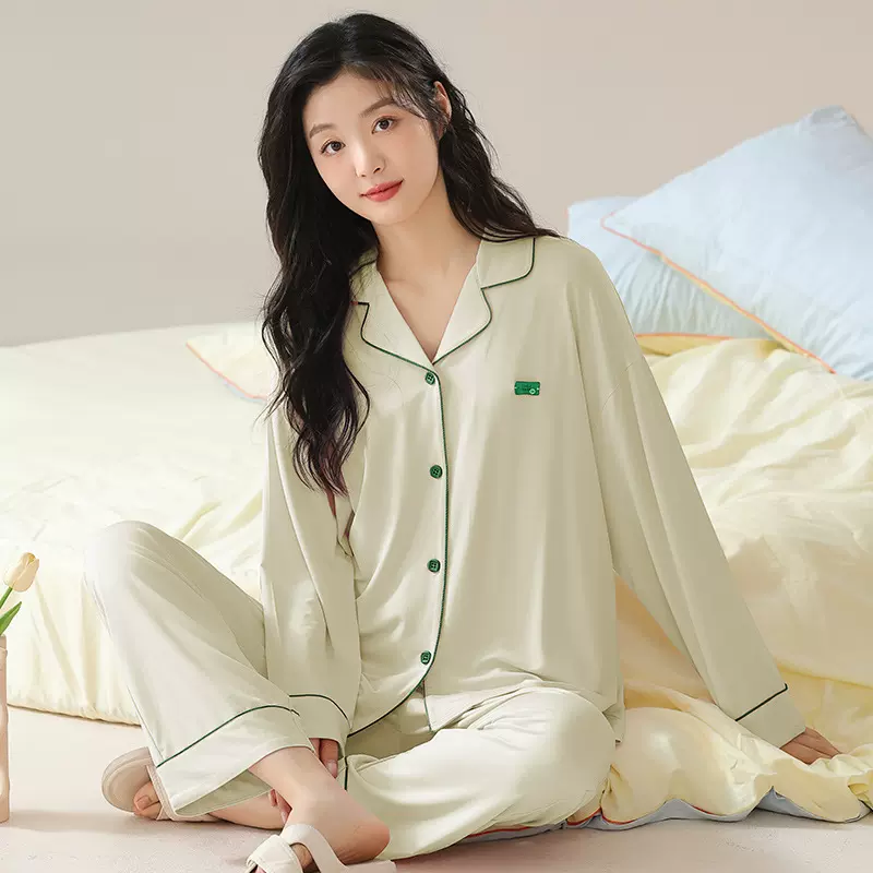 新款莫代尔睡衣女春夏季长袖开衫翻领家居服中青年女士加大码套装