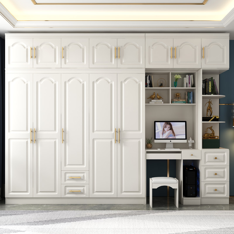 European-Style Simple Wardrobe with Edge Trim, Dressing Table, Computer Desk Combination, White Household Wooden Large Wardrobe