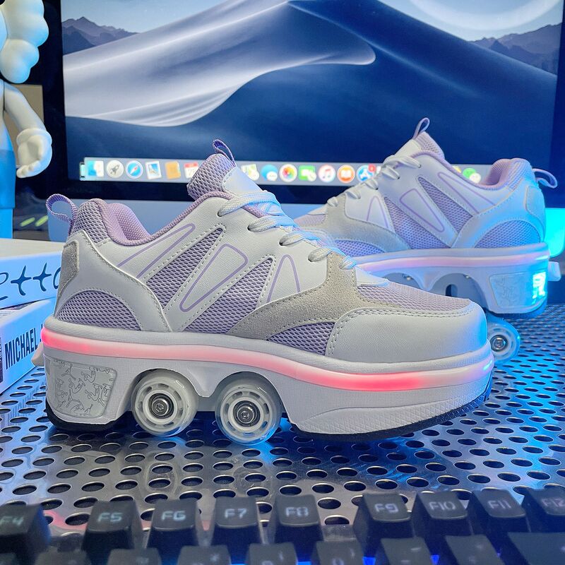 Four-Wheel dual-purpose heelloo shoes can walk and slip dual-purpose double-row seven-color atmosphere breathing light roller skates