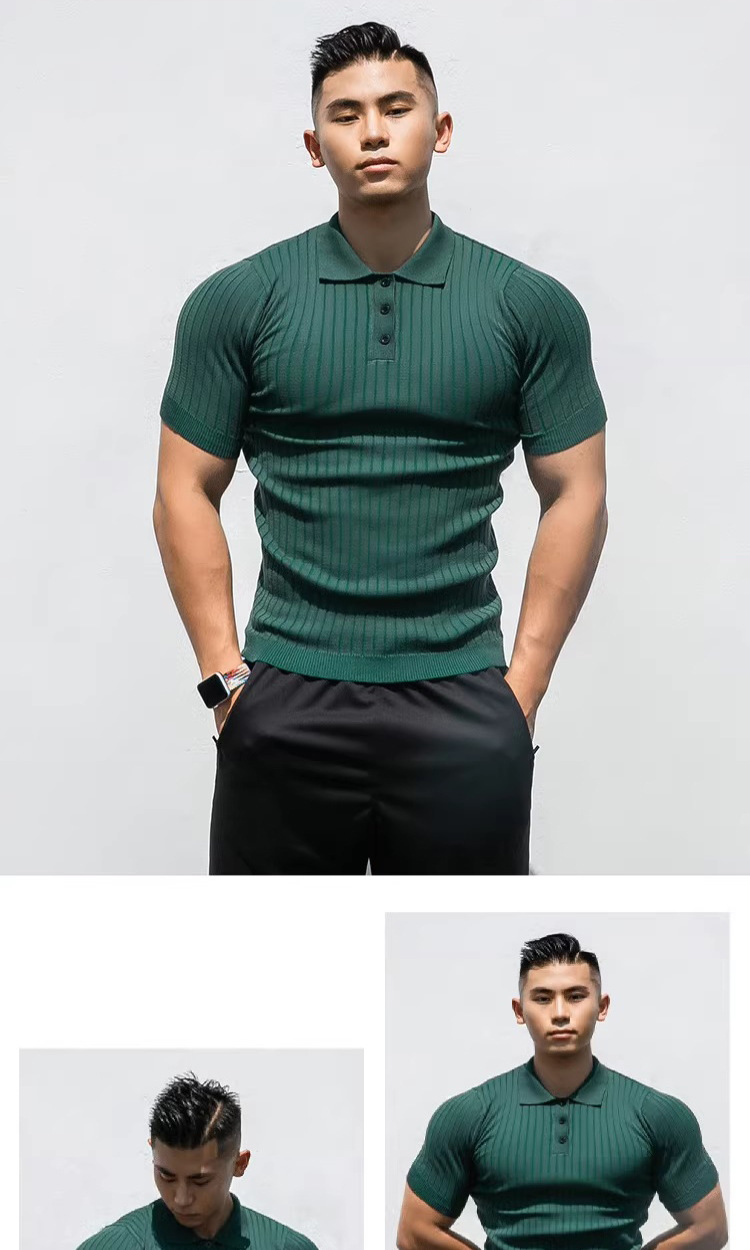 Pull d'été en maille à manches courtes pour homme mûr, coupe ajustée, style business, bouton de revers, mode américaine_voghion.com