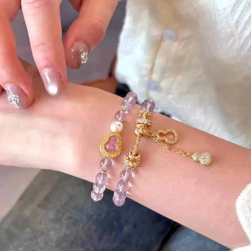 跨境鎏金岁月双圈天然黄水晶葫芦串珠手链女款轻奢小众高级感手串