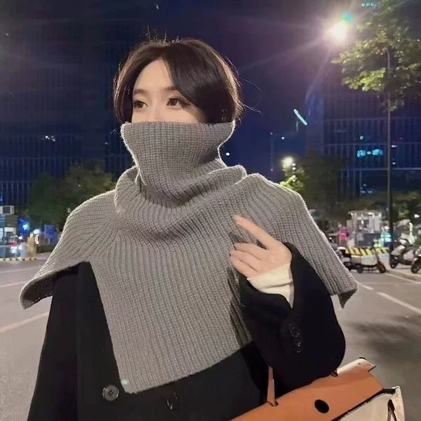 Stylish high-neck shawl with a slit, a versatile Korean-style knitted scarf for women, perfect for autumn and winter, providing warmth and protection from the cold