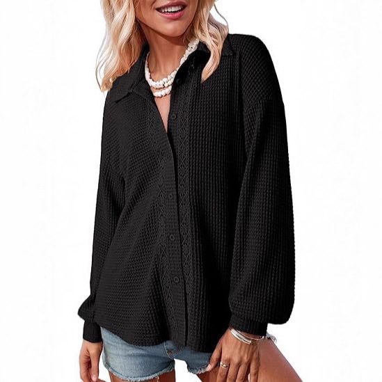 European and American Cross-Border Women's Waffle Knit Lace Shirt 2025 Autumn Long Sleeve Button-Down Shirt
