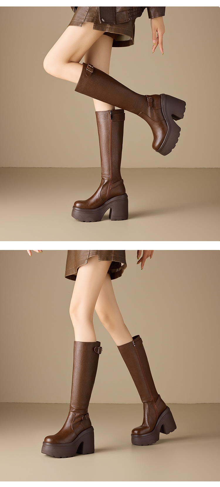 Boot nữ cổ thấp gót dày 12 cm phong cách Anh, đi xe máy — nhung nâu chi tiết 3