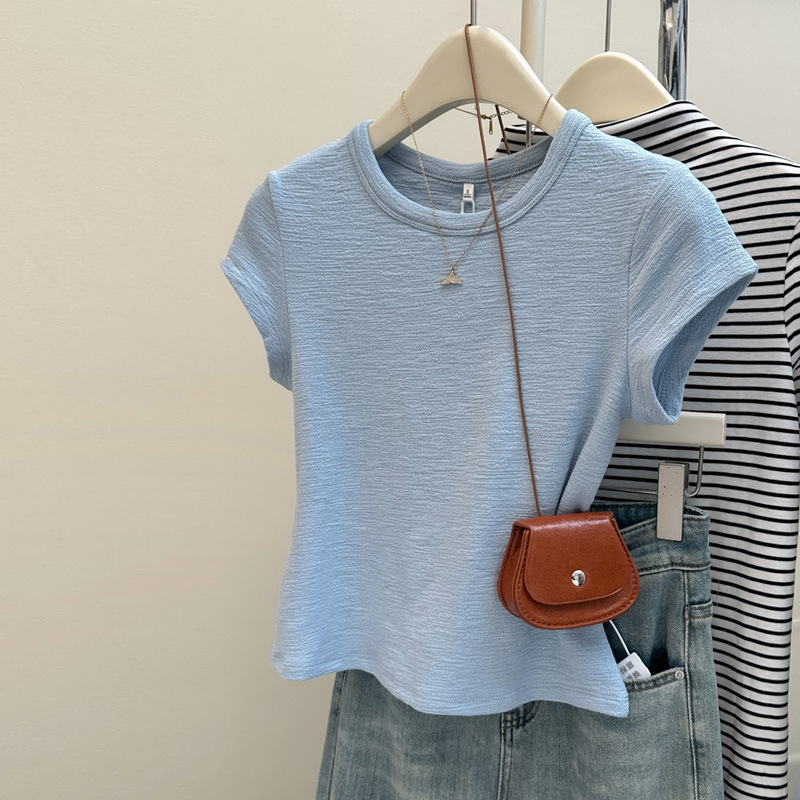 Foreign Trade South Korea Wrinkled Cotton Shoulder Round Neck Short Sleeve T-shirt Solid Color All-match Short Small Top Instagram New Trendy Foreign Trade South Korea Wrinkled Cotton Shoulder Round Neck Short Sleeve T-shirt Solid Color All-match Short Small Top Instagram New Trendy