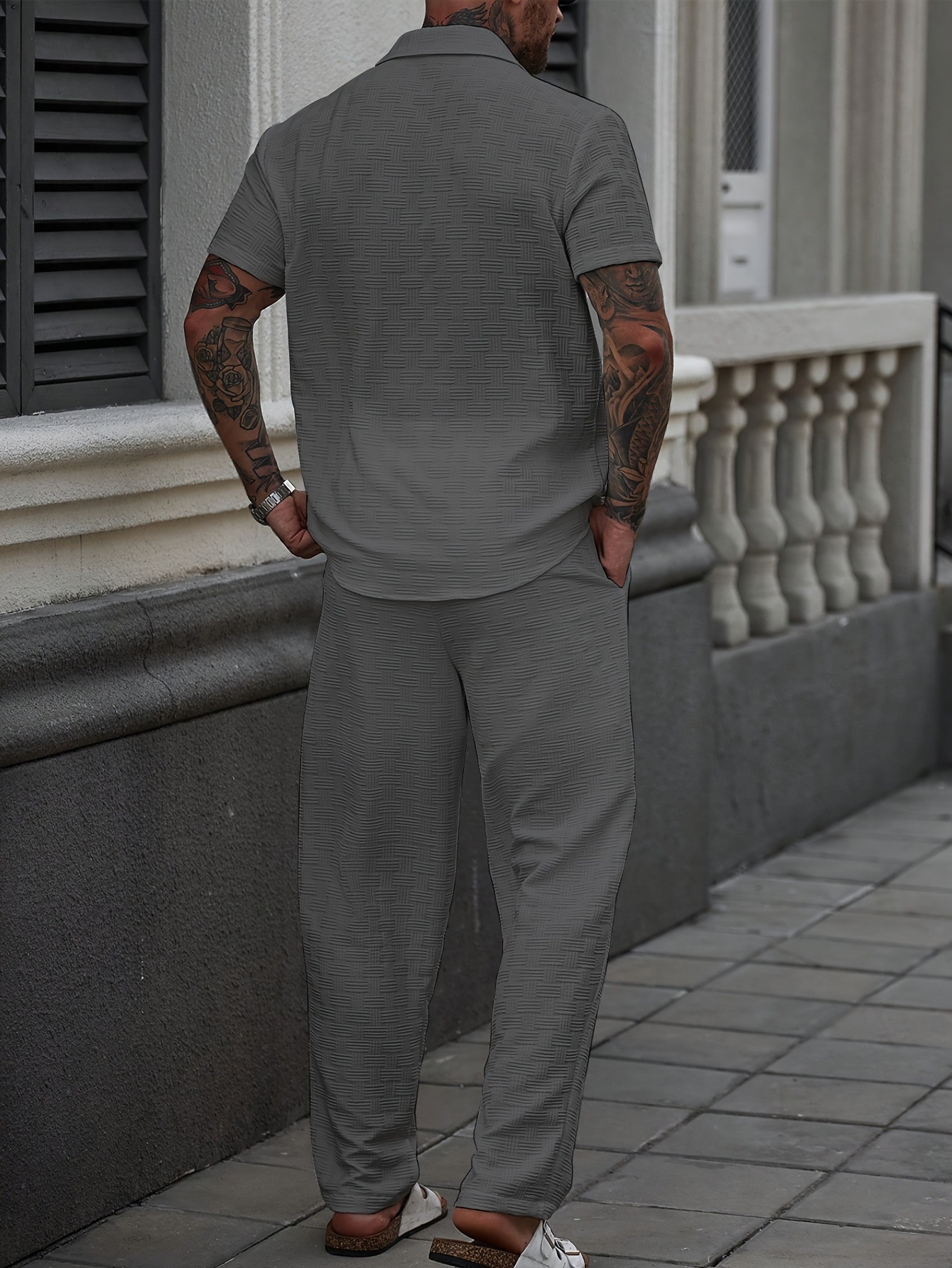 Men's Solid Color Summer Casual Set Single-Breasted Short Sleeve Shirt And Pants Outfit_viptrois.com
