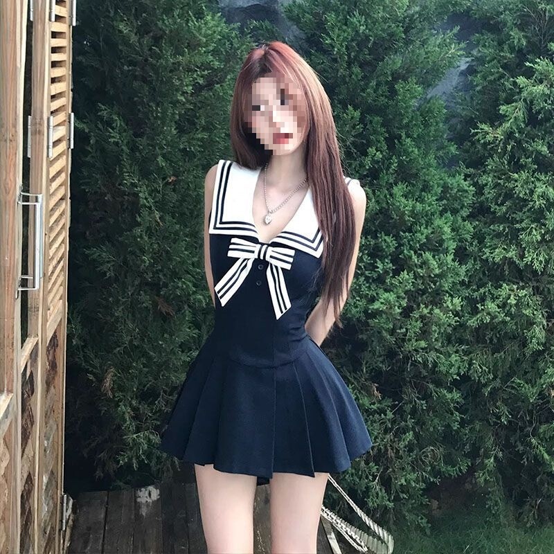 Summer new style pure and alluring navy collar slim-fit sleeveless dress for women, navy blue dress Summer new style pure and alluring navy collar slim-fit sleeveless dress for women, navy blue dress