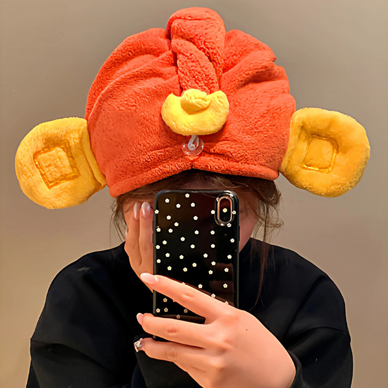 Little Fortune God Hair Drying Cap, Super Absorbent Quick-Dry Hair Towel for Students, Cute Plush Quick-Dry Bath Cap