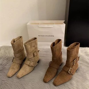 2025 New Korean Style Niche Design Retro French Short Boots Small Square Toe Western Boots Suede Mid-Calf Boots Women's Boots