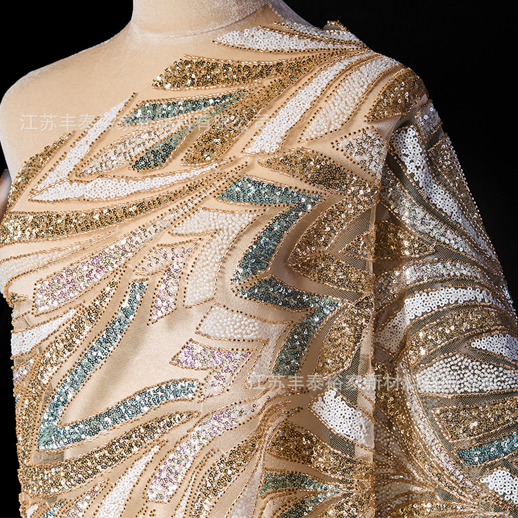 bordado geométrico línea de color malla gaza flor sequin tela vestido de noche