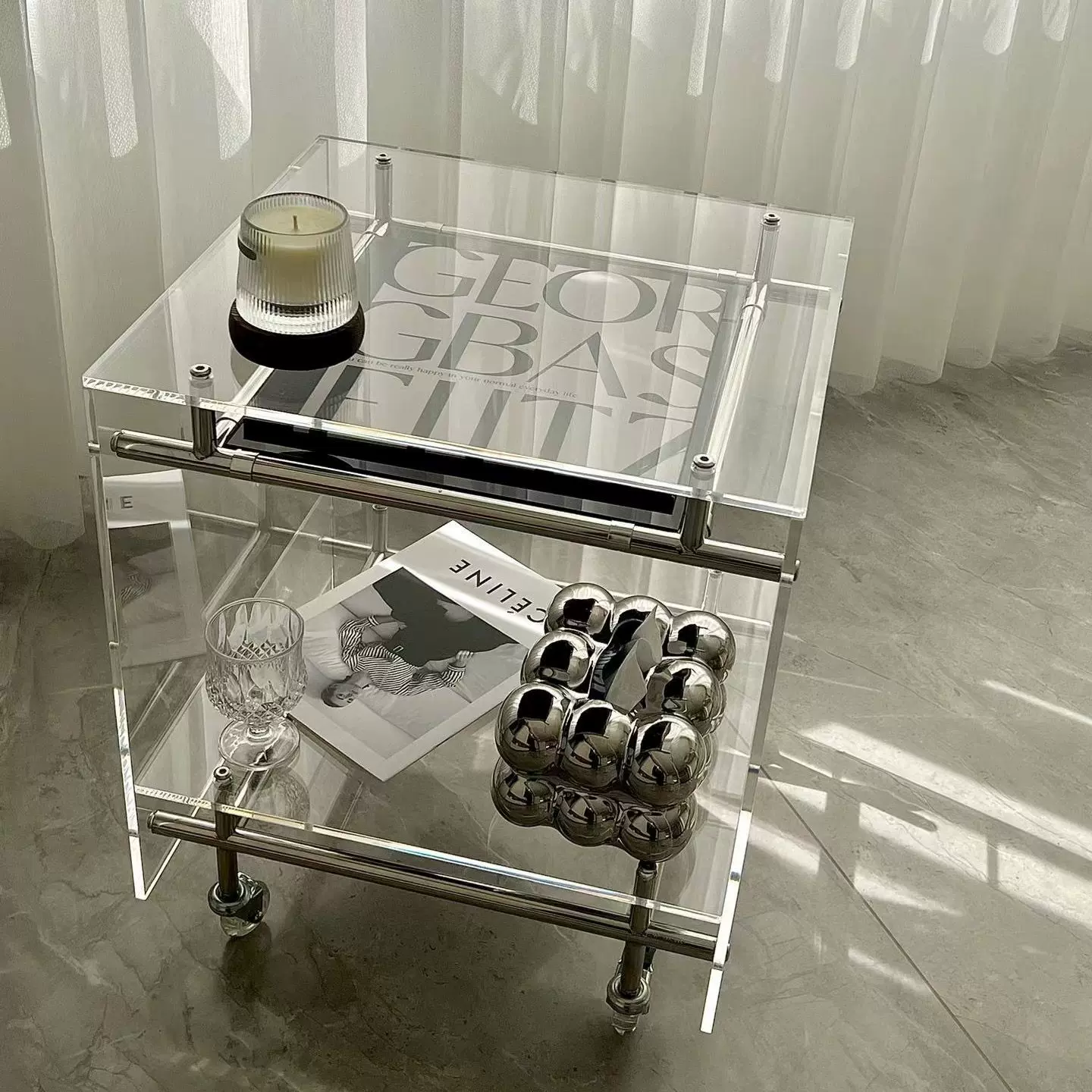 现代简约风格透明亚克力小推车床头柜客厅卧室必备小户型适用移动