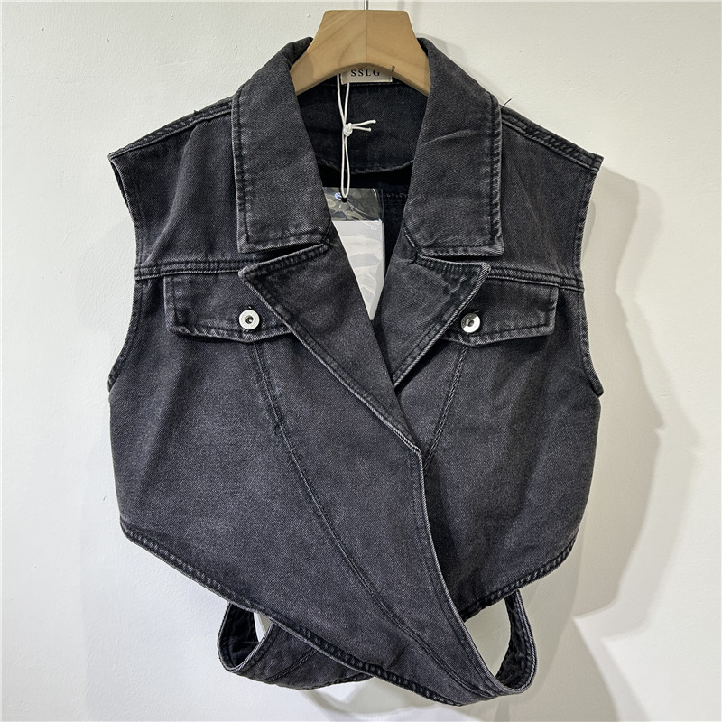 Estación europea de nicho de moda bajo el diseño de la correa cruzada de la sensación de irregularidad de moda extranjera de cintura vaqueros chaleco