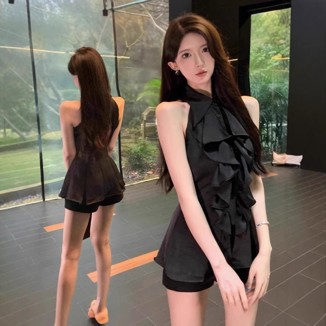 프랑스 틈새 목 달콤한 매운 어깨 요정 최고 여성 여름 디자인 슬리밍 러플 민소매 셔츠