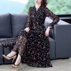 シフォンシャツの女性の長袖 2025 春の新花柄ドレスの女性の大きいサイズ脂肪 MM 年齢を減らす底ロングスカート
