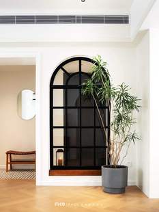 French-Style Wrought Iron Glass Screen for Living Room, Cream-Colored Vintage Partition, Faux Window, Creative Archway, Entrance Blocking Decoration