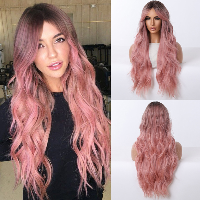 European and American Cross-Border Hot-Selling Gradient Pink Wig for Women's Daily Eight-Character Bangs Long Curly Hair High-Temperature Silk Full-Head Cover