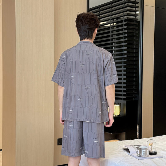 Summer Silk Pajamas Short-sleeved Cardigan Pajamas Woven Cotton Men's Plaid Loose Casual Men's Home Clothes