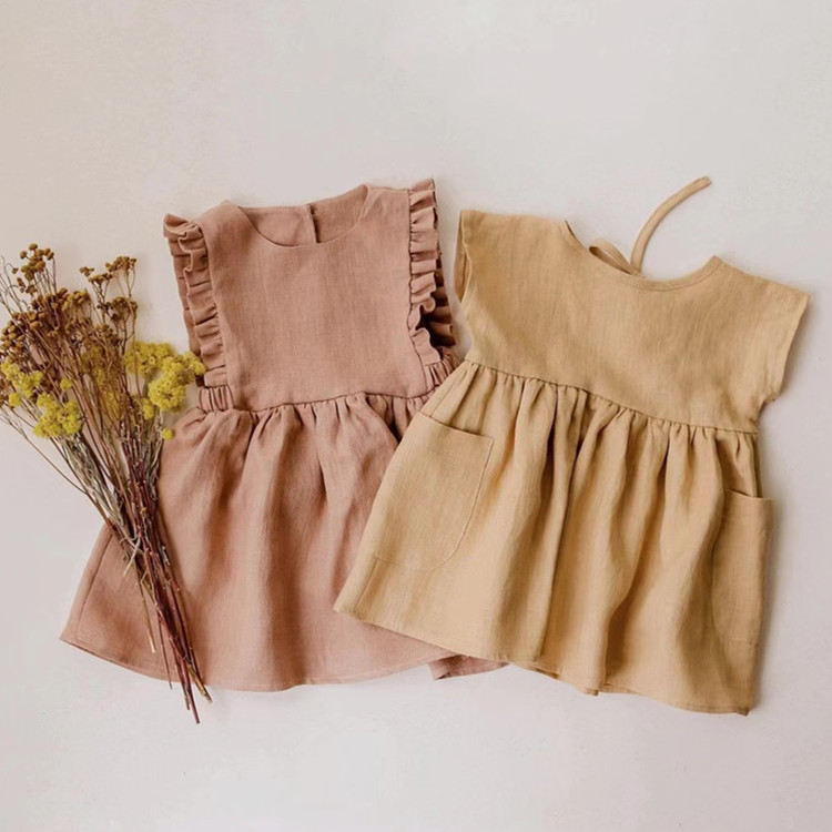 Girls Summer Dress Cotton Linen Sleeveless Vest Skirt Ins Hot Style Solid Color Apron Skirt Baby Clothes Girls Skirt