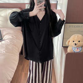 春夏季新款情侣居家睡衣女冰雪丝休闲时尚简约长袖长裤家居服套装