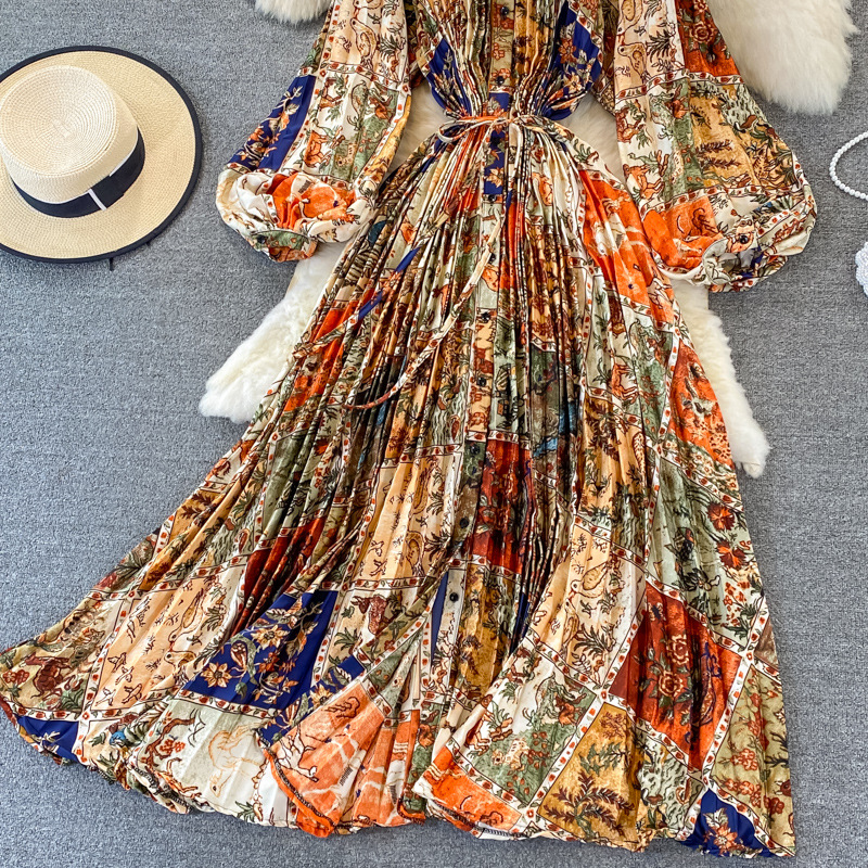 Vêtements pour femmes Automne col rond ample mince à manches longues imprimé satin simple boutonnage robe plissée élégante légère luxe longue jupe_voghion.com