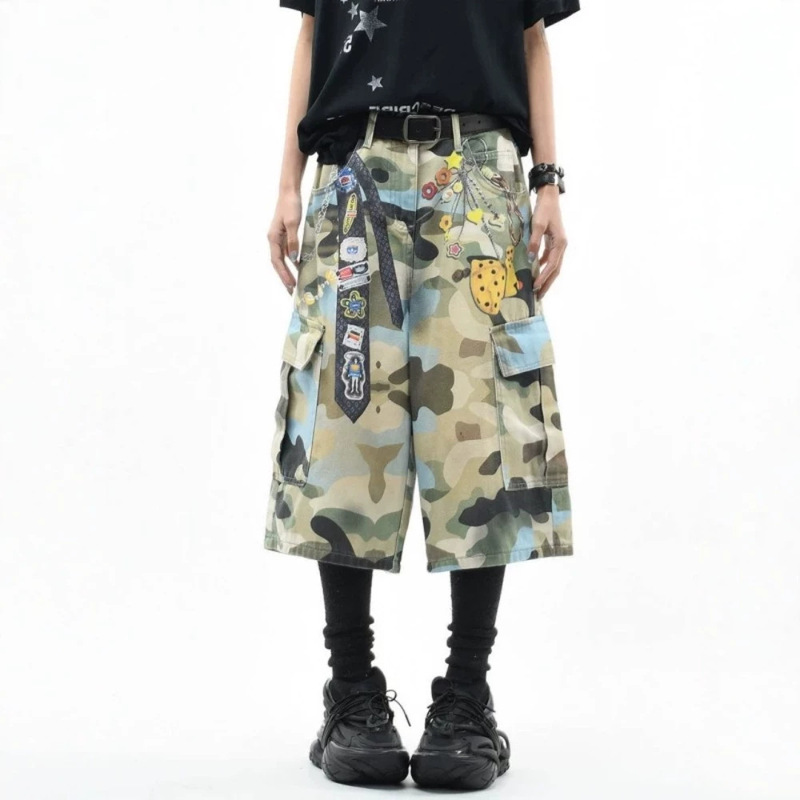American-Style Camouflage Print Denim Cropped Pants for Women, New Summer Style, Loose Casual Wide-Leg Multi-Pocket Cargo Shorts