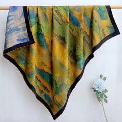 【千里江山圖】雙面雙色香雲紗大方巾優雅中國風高檔送禮絲巾圍巾