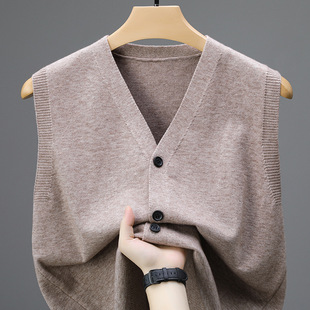 Counter Quality Autumn and Winter Men's Cardigan Vest Middle-Aged and Elderly Sleeveless V Neck Knitted Vest Dad Sweater Vest