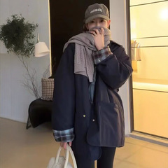 韩版拼接格子翻领羽绒服外套女2025秋冬新宽松休闲白鸭绒风衣外套