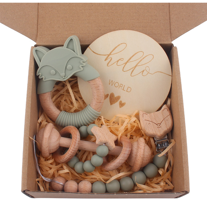 Nuevo bebé de dibujos animados de silicona Fox mordedor bebé creativo Beech sonajero teether cadena de pezón conjunto de cuatro piezas