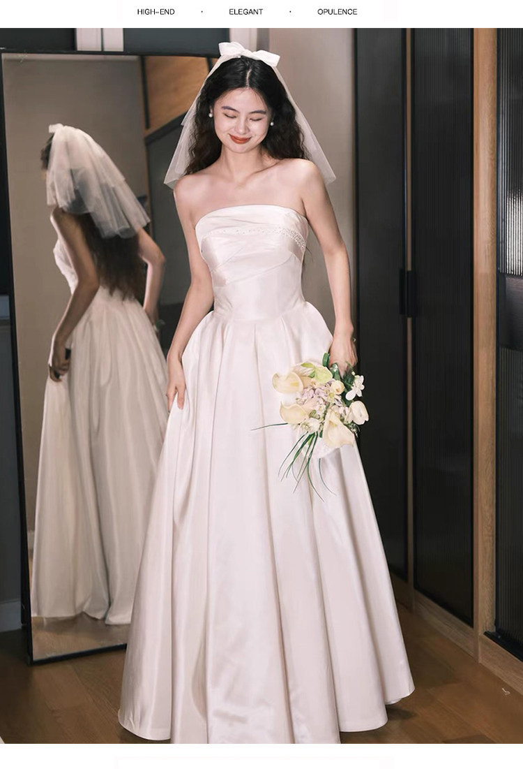 Strapless Light Wedding Dress, Simple Satin, Petite Bride, White Gown For Engagement And Marriage Registration, Elegant Wedding Dress For Going Out._ecoleips.com