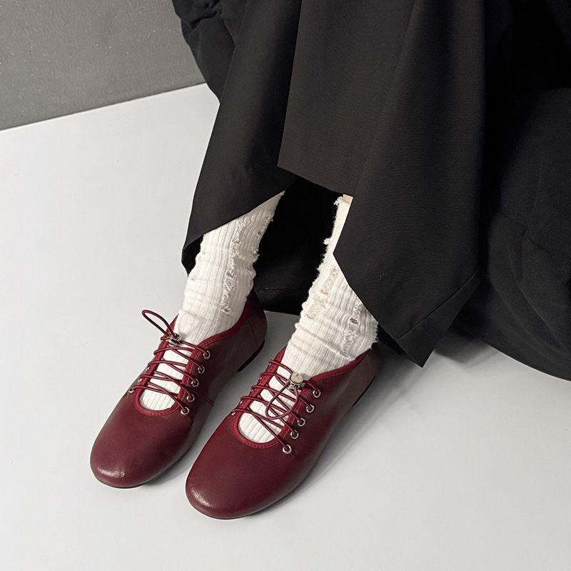 Kmeizu Giant Soft ~ Cross Lace-Up Single Shoes Female Designer Leather Shoes Casual Flat Loafers Ballet Shoes
