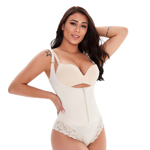 Cross-border European and American rubber shapewear tummy control suspender bustier lace zipper hip-lifting one-piece body shaper for women