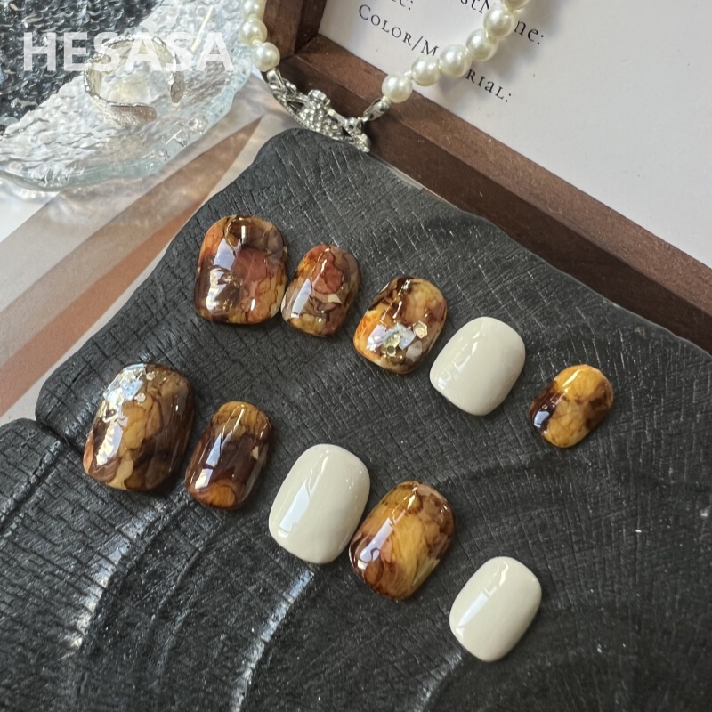 Sxrq | Ins Designer Ink Smudged Amber Spot Manicure [Ice Amber] Pure Handmade Wearable Manicure