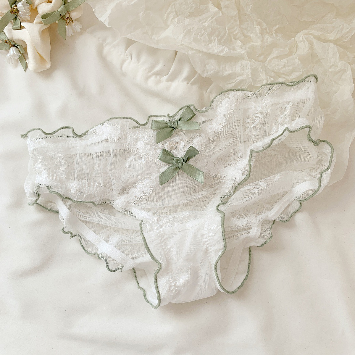 Península de flores ~ Bragas de encaje dulce para niñas 10A entrepierna de algodón antibacteriano sexy puro deseo pantalones finos para mujer image 8