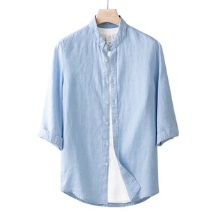 Shirt Men's Three-Quarter Sleeve Linen Shirt Thin Cotton Linen Shirt Small Collar Cardigan Solid Color Shirt 139