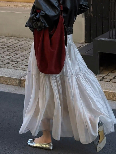 A lightweight pearlescent soft chiffon dress~A-line splicing fluffy cake skirt, French gentle temperament versatile medium-length half skirt