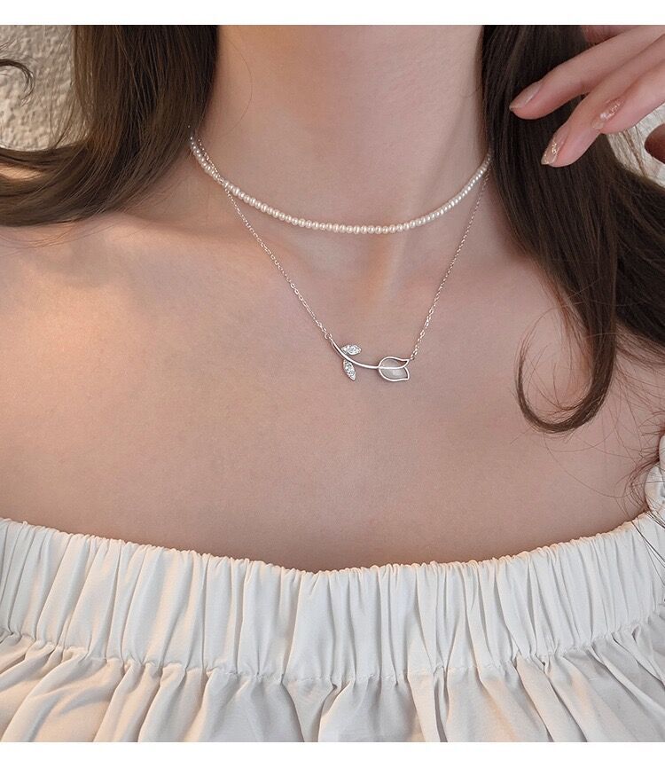 Leaf, Rose Pattern Women's Gender 925 Sterling Silver Rhinestones Inlay Leaf Pendant Necklace