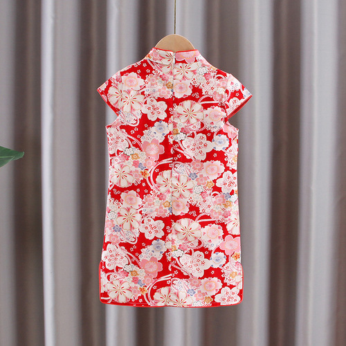 Qiangwei Girls 23 Summer Short Sleeve Cheongsam Dress Baby Chinese Style Performance Guzheng Dress Children's Skirt