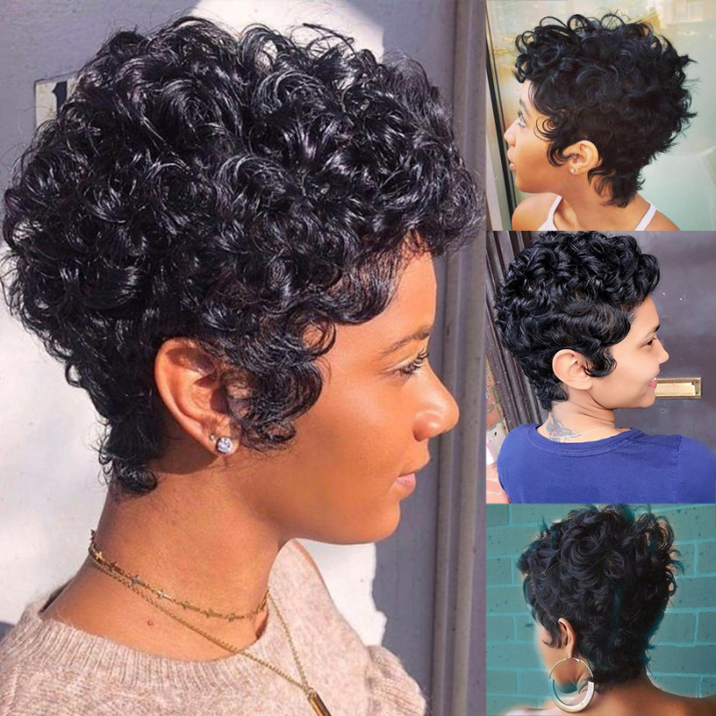 Foreign Trade New Wig Women's Short Mechanism African Small Curly Wave Fluffy Black Short Curly in stock