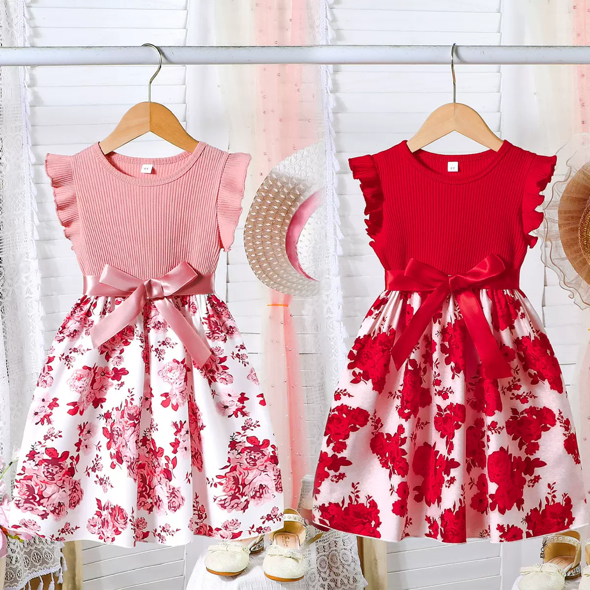 2025秋季欧美热销跨境现货粉色花朵女童坑条蝴蝶结飞袖连衣裙