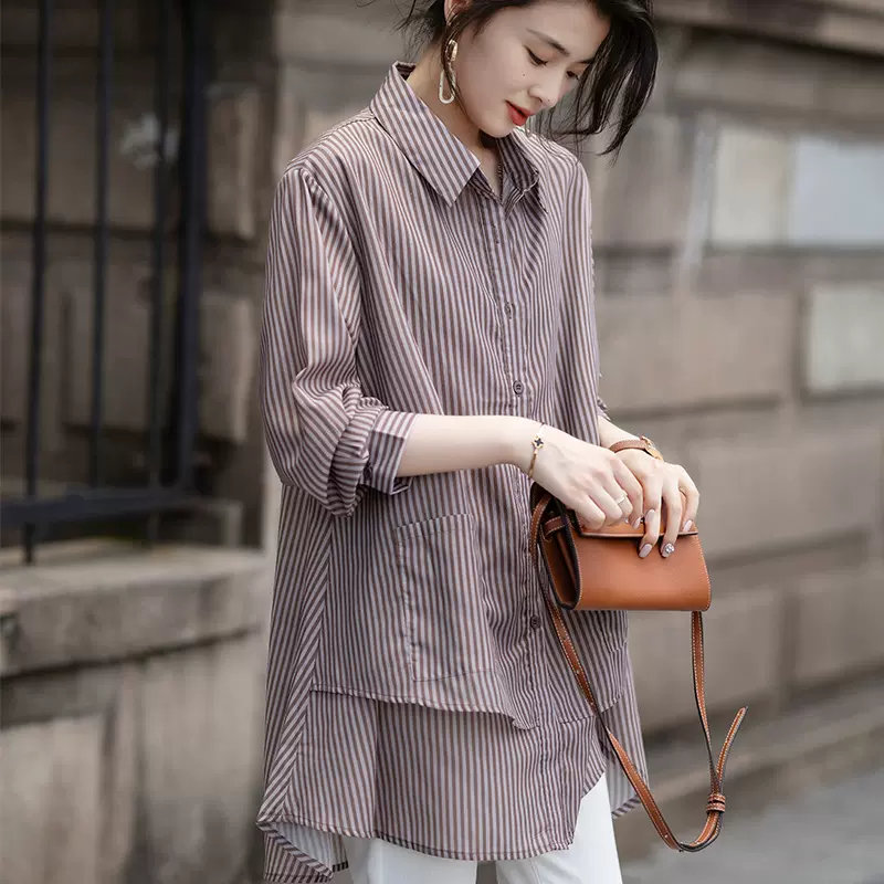 条纹衬衫女2024秋季新款微胖mm欧货大码女装中长款休闲衬衣上衣